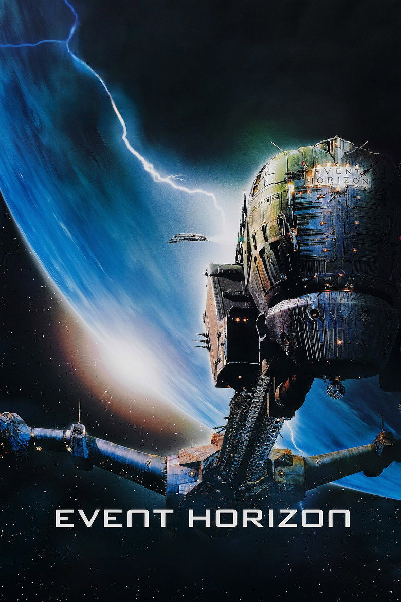 A large, futuristic spaceship hovers in space with a planet in the background, partially illuminated by a bright light. The ship is dark metallic with numerous lights and a heavily industrial design, featuring a cylindrical front section and long, connected components extending backward. Lightning arcs across space near the planet. In the distance, a smaller spacecraft is flying toward the larger ship. The words “EVENT HORIZON” appear at the top of the ship and also in bold white letters at the bottom of the image.
