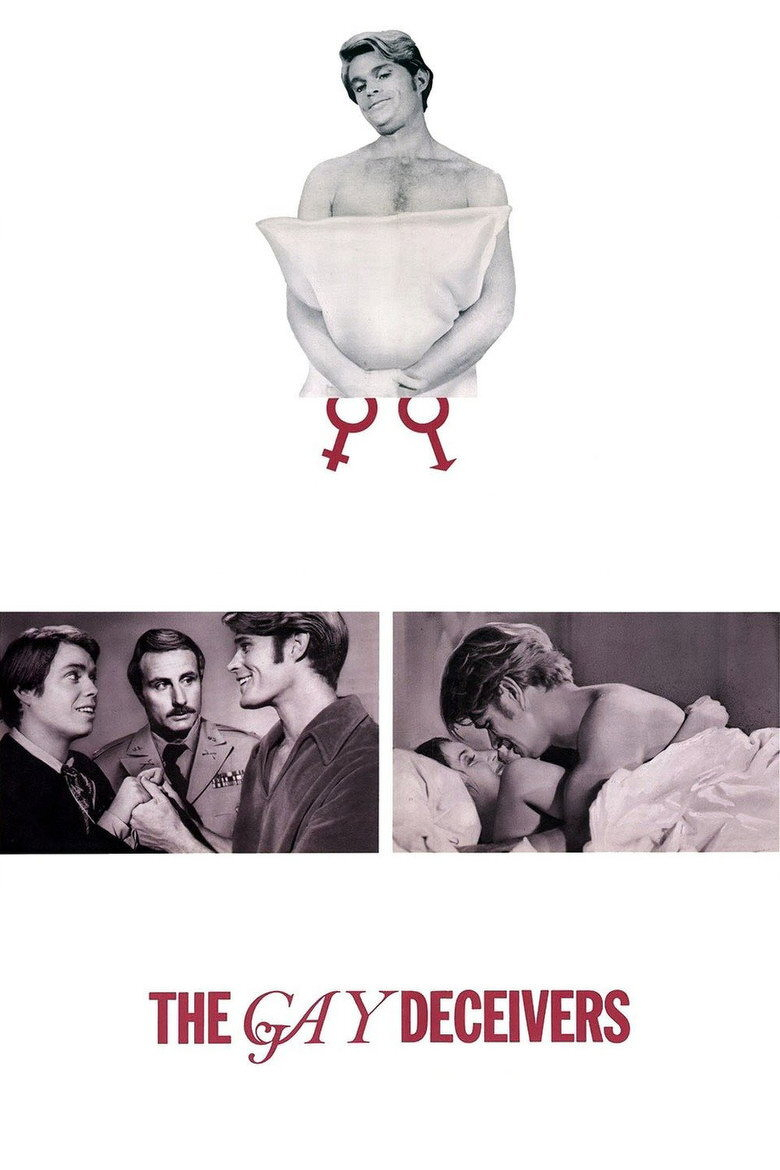 A movie poster featuring a shirtless man holding a pillow in front of his body, with two interlocked male and female symbols below him. Beneath this image are two black-and-white scenes: the left shows two smiling young men interacting with a serious man in a military uniform, and the right depicts a shirtless young man lying in bed, embracing and kissing a smiling woman. At the bottom, red text reads “THE GAY DECEIVERS,” with the word “GAY” styled in a cursive font.