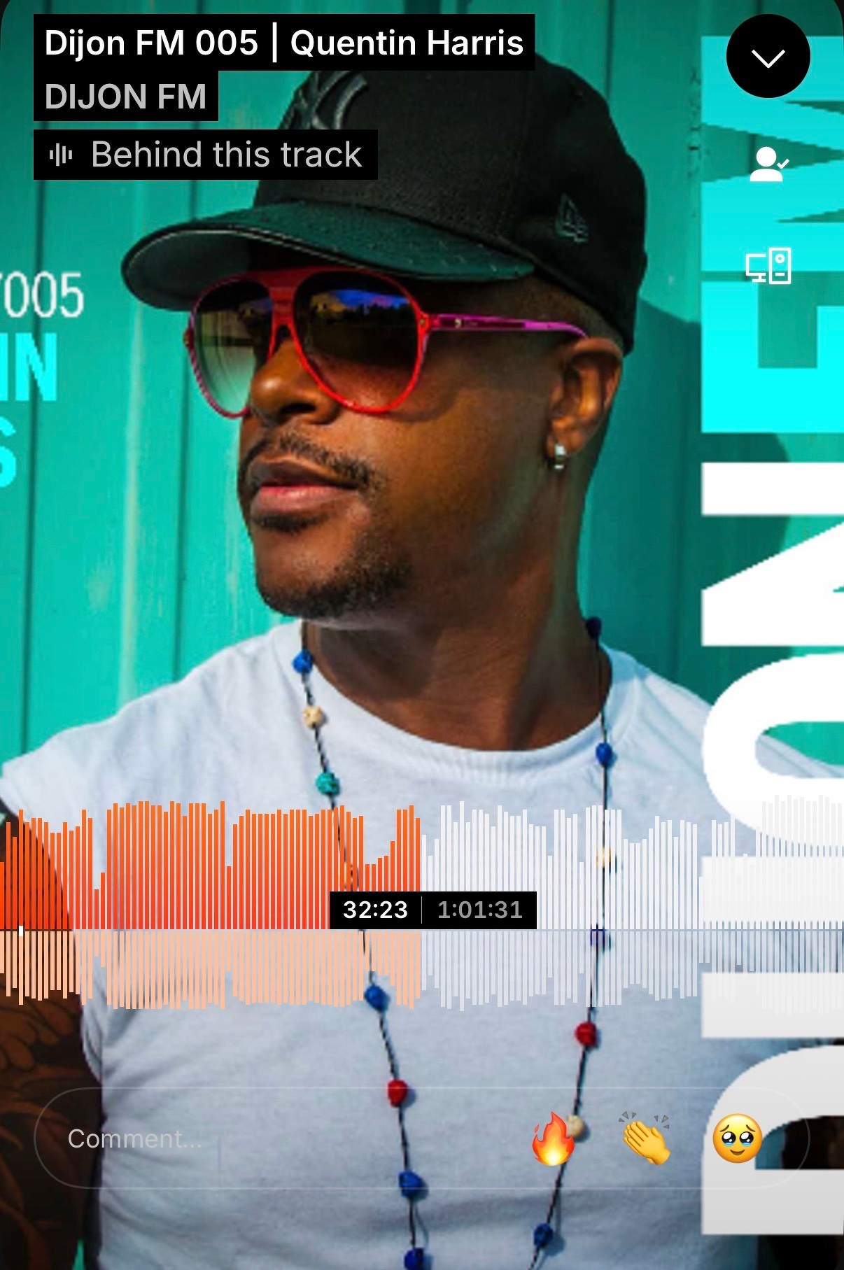 A person wearing a black cap, pink sunglasses, and a white shirt is standing against a turquoise background. They have a beaded necklace and a facial hair style. The image includes text "Dijon FM 005 | Quentin Harris" and a soundwave bar with timing information "32:23 / 1:01:31". There are emojis and comment sections below.