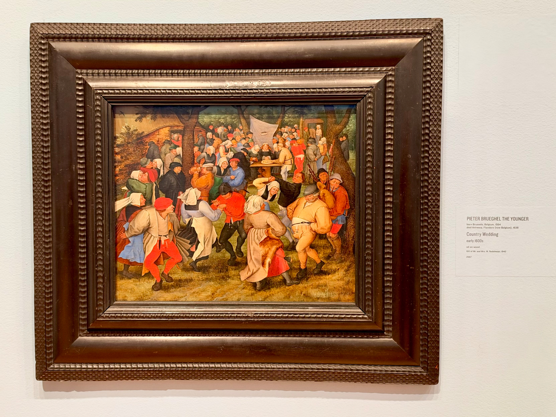 A framed painting hangs on a white wall, depicting a lively outdoor country wedding scene with numerous figures dressed in 16th- to 17th-century peasant attire. In the foreground, peasants in colourful clothes—reds, oranges, whites, and greens—dance energetically in a grassy area, while others play music or watch. Some figures wear hats, while women have white head coverings. The midground features a long table where guests are seated, eating and drinking under the shade of trees. The background is filled with more people, trees, and a wooden fence, suggesting a rural celebration. The dark wooden frame is wide with a textured, beaded inner edge. To the right of the painting, a wall label reads: “PIETER BRUEGHEL THE YOUNGER (Netherlandish, Brussels 1564–Antwerp 1638). Country Wedding, early 1600s. Gift of Mr. and Mrs. W. H. Hutchinson. 256.47.”