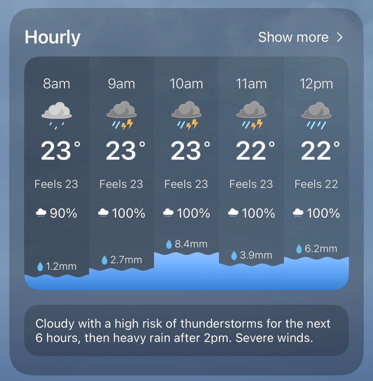 A weather forecast screen showing hourly conditions from 8 a.m. to 12 p.m. At 8 a.m., it is 23°C, feels like 23, with light rain and 90% chance of precipitation, expecting 1.2 mm of rain. At 9 a.m., it is 23°C, feels like 23, with thunderstorms and 100% chance of precipitation, expecting 2.7 mm of rain. At 10 a.m., it is 23°C, feels like 23, with thunderstorms and 100% chance of precipitation, expecting 8.4 mm of rain. At 11 a.m., it is 22°C, feels like 23, with thunderstorms and 100% chance of precipitation, expecting 3.9 mm of rain. At 12 p.m., it is 22°C, feels like 22, with light rain and 100% chance of precipitation, expecting 6.2 mm of rain. A note at the bottom says that the weather is cloudy with a high risk of thunderstorms for the next six hours, followed by heavy rain after 2 p.m. and severe winds.