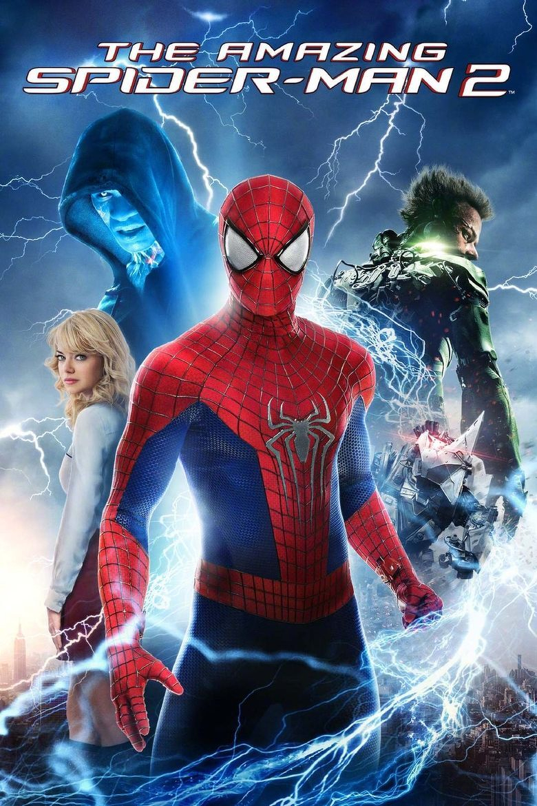 A movie poster for “The Amazing Spider-Man 2” featuring Spider-Man in the centre wearing his red and blue suit with a large white spider emblem on his chest. He is surrounded by electric blue lightning. To his left stands a blonde woman with wavy hair in a white coat, looking over her shoulder. Behind Spider-Man, a blue-skinned man in a hooded jacket with glowing eyes and lightning effects represents Electro. To Spider-Man’s right, a man in a green mechanical suit with spiked hair faces sideways, with metallic gear and debris flying around him, representing the Green Goblin. The background depicts a stormy sky over a cityscape with bolts of lightning illuminating the scene.