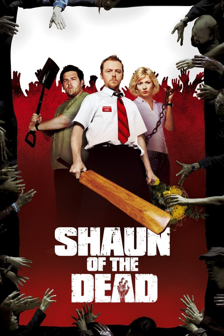 A movie poster features three characters standing in the centre, surrounded by the silhouettes of red, outstretched zombie hands in the background and realistic grey zombie arms reaching in from all sides. The central figure is a man with short light brown hair, wearing a white short-sleeve shirt, a red and black striped tie, and a name tag that reads “Shaun.” He holds a wooden cricket bat in both hands. To his left, a heavyset man in a green t-shirt grips a large shovel. To his right, a blonde woman wearing a light purple shirt holds a metal chain and a bouquet of yellow flowers. At the bottom, large white distressed letters spell out “SHAUN OF THE DEAD,” with the “A” in “DEAD” shaped like a hand reaching upward. The poster’s colour scheme is dominated by red, white, and black, emphasizing the horror-comedy zombie theme.