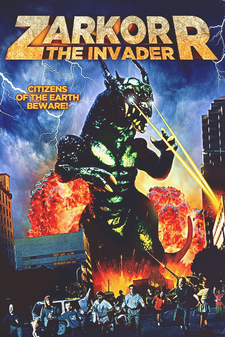A movie poster features a giant green and black reptilian monster with glowing yellow claws and laser beams shooting from its eyes, rampaging through a city. Explosions erupt behind the creature, with fire and smoke filling the streets. Lightning bolts crack across the stormy night sky. Below, terrified people run in panic, some looking back at the monster, while cars and buildings are in chaos. The title at the top reads “Zarkorr The Invader” in large metallic gold letters, and a tagline in yellow says, “Citizens of the Earth Beware!”