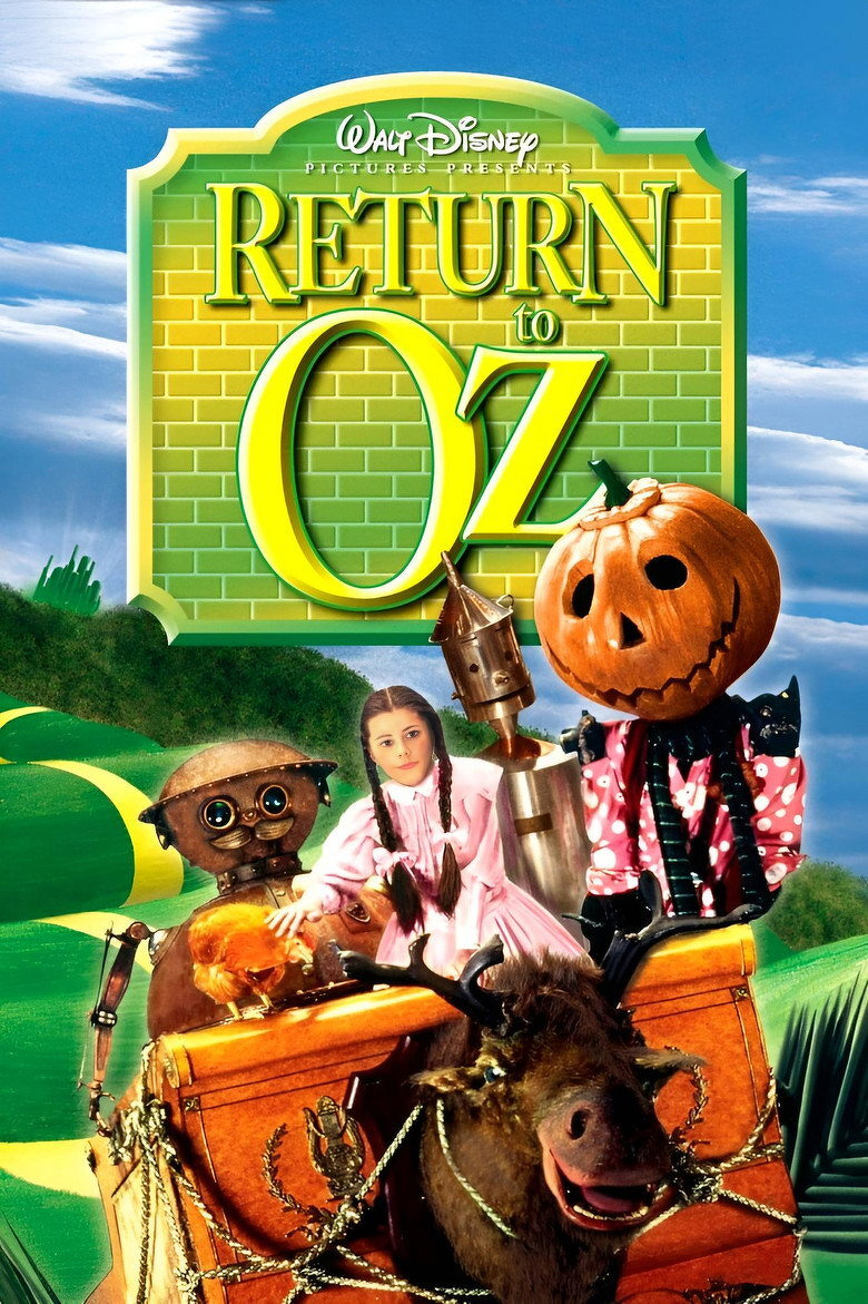 A colourful movie poster for the Walt Disney film “Return to Oz.” The top half features a bright green and yellow brick sign with the movie title in bold yellow letters. Below, a young girl with brown hair in pigtails wearing a pink dress rides a wooden couch with ropes and chains, which is attached to a moose-like creature with large antlers and a smiling face. Surrounding her are fantastical characters: a mechanical man with round glasses and a metal body, a tall figure with a jack-o’-lantern head and polka dot sleeves, and a metallic figure resembling a tin soldier with a cone-shaped hat. The background shows a lush green landscape with winding yellow paths under a blue sky with clouds.