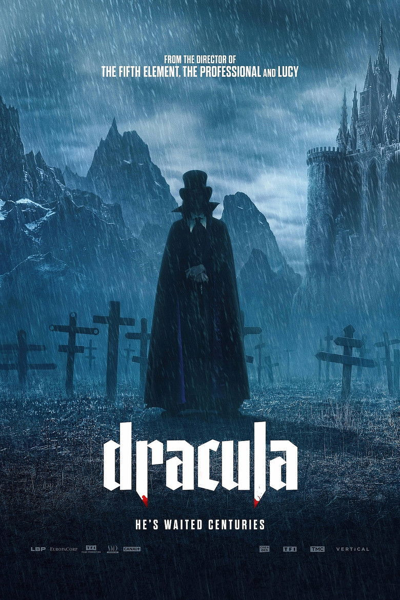 A dark, atmospheric movie poster depicting a shadowy figure in a long cloak and top hat standing in a rain-soaked graveyard, surrounded by wooden crosses. Behind the figure, jagged mountains rise against a stormy sky, and a gothic castle looms on a cliff to the right. The text at the top reads, “FROM THE DIRECTOR OF THE FIFTH ELEMENT, THE PROFESSIONAL AND LUCY.” At the bottom, the title reads “dracula” in sharp, gothic white letters with red tips, followed by the tagline “HE’S WAITED CENTURIES.” Logos of production companies and partners line the bottom edge.