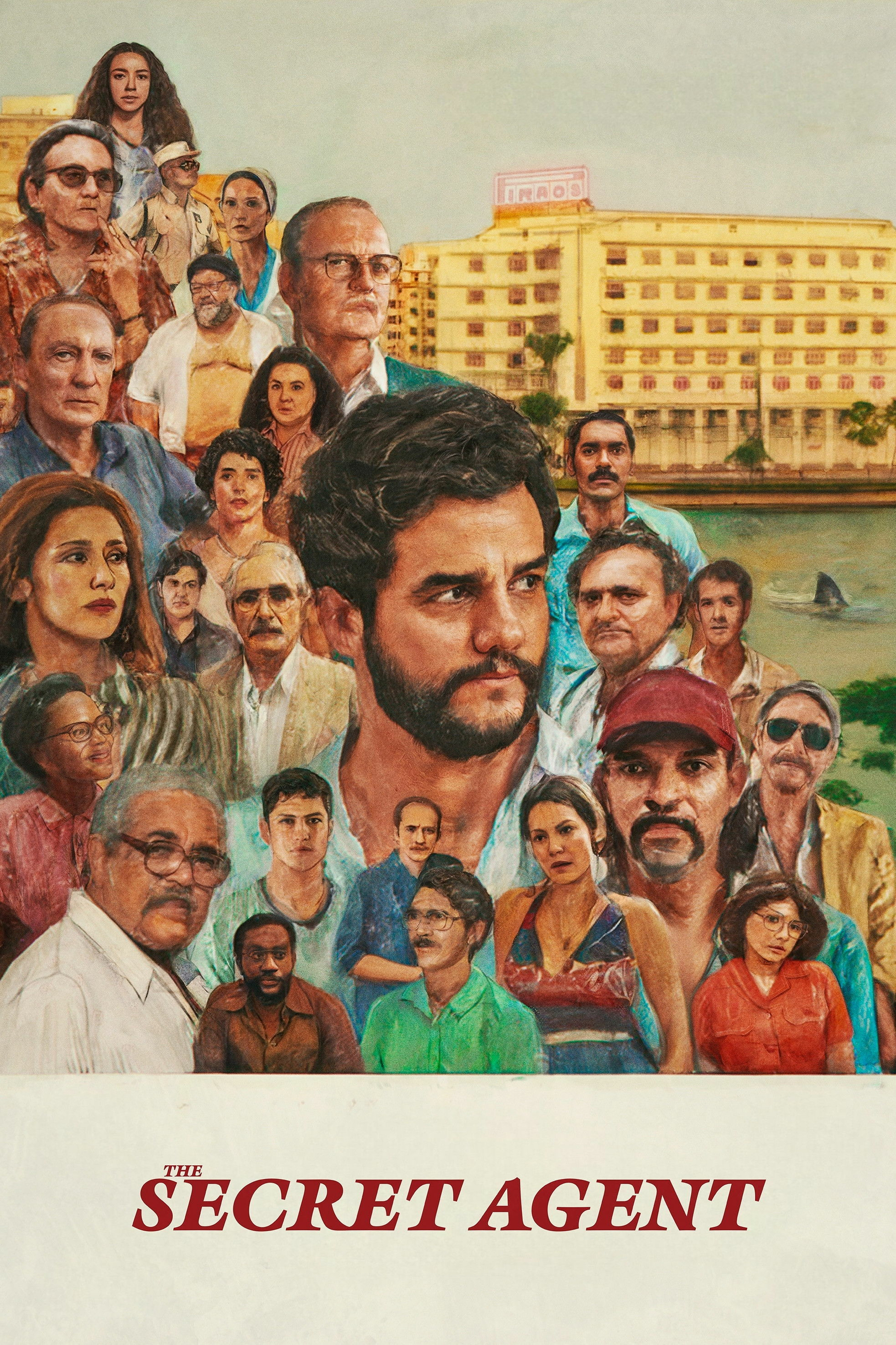 A collage of illustrated characters fills the image, centered around a bearded man looking to the side. Various people of different ages and expressions surround him. In the background, there's a large building beside a body of water. The title "The Secret Agent" is displayed in bold red text at the bottom.