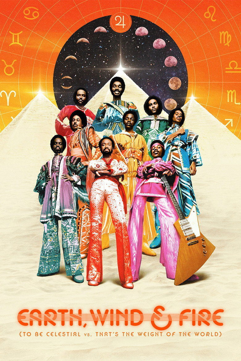 A vibrant, retro-styled poster featuring the band Earth, Wind & Fire. Nine members are standing in colourful, shiny outfits, including flared pants, robes, and jumpsuits in red, orange, gold, purple, turquoise, green, and blue. One member holds a golden electric guitar. Behind them are two large pyramids under a starry night sky with phases of the moon arranged in a semicircle. Above the pyramids is a glowing white starburst and the astrological symbol for Jupiter, surrounded by a circular grid with zodiac symbols along the edges on an orange gradient background. Below the group, the text reads: “EARTH, WIND & FIRE (TO BE CELESTIAL vs. THAT’S THE WEIGHT OF THE WORLD).” The scene has a mystical, cosmic, and Egyptian-inspired aesthetic.