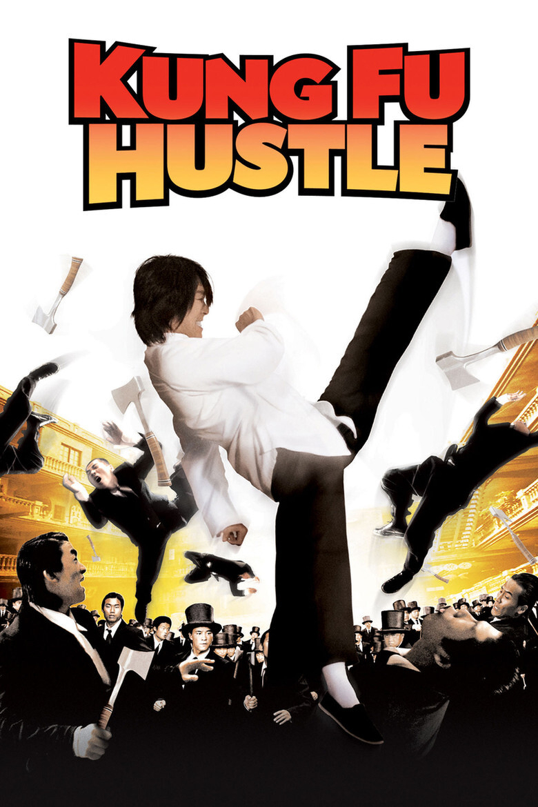 A movie poster featuring a martial artist in a white jacket and black pants, mid-air performing a high kick against a group of men dressed in black suits and hats. The background depicts a glowing yellow-orange street scene with traditional-style buildings. Several men are being thrown back dramatically, and axes are flying through the air. At the top, bold red and yellow gradient letters spell out “KUNG FU HUSTLE.” The scene is energetic and action-packed, with a mix of chaos and humour.
