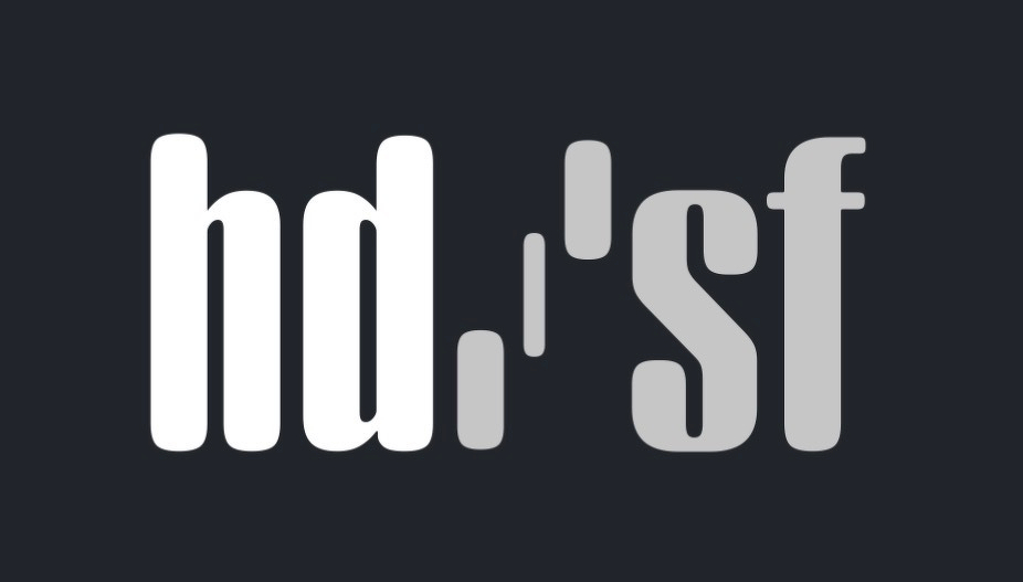 A dark grey background features stylized white and grey letters arranged in a pattern. On the left side, the white lowercase letters “h” and “d” are bold with rounded edges. In the centre, there are four small vertical bars in varying heights, transitioning in colour from white to grey, resembling a minimalist equalizer. On the right side, the grey lowercase letters “s” and “f” mirror the style of the letters on the left, also bold with rounded edges. The composition has a balanced, modern, and minimalist aesthetic.