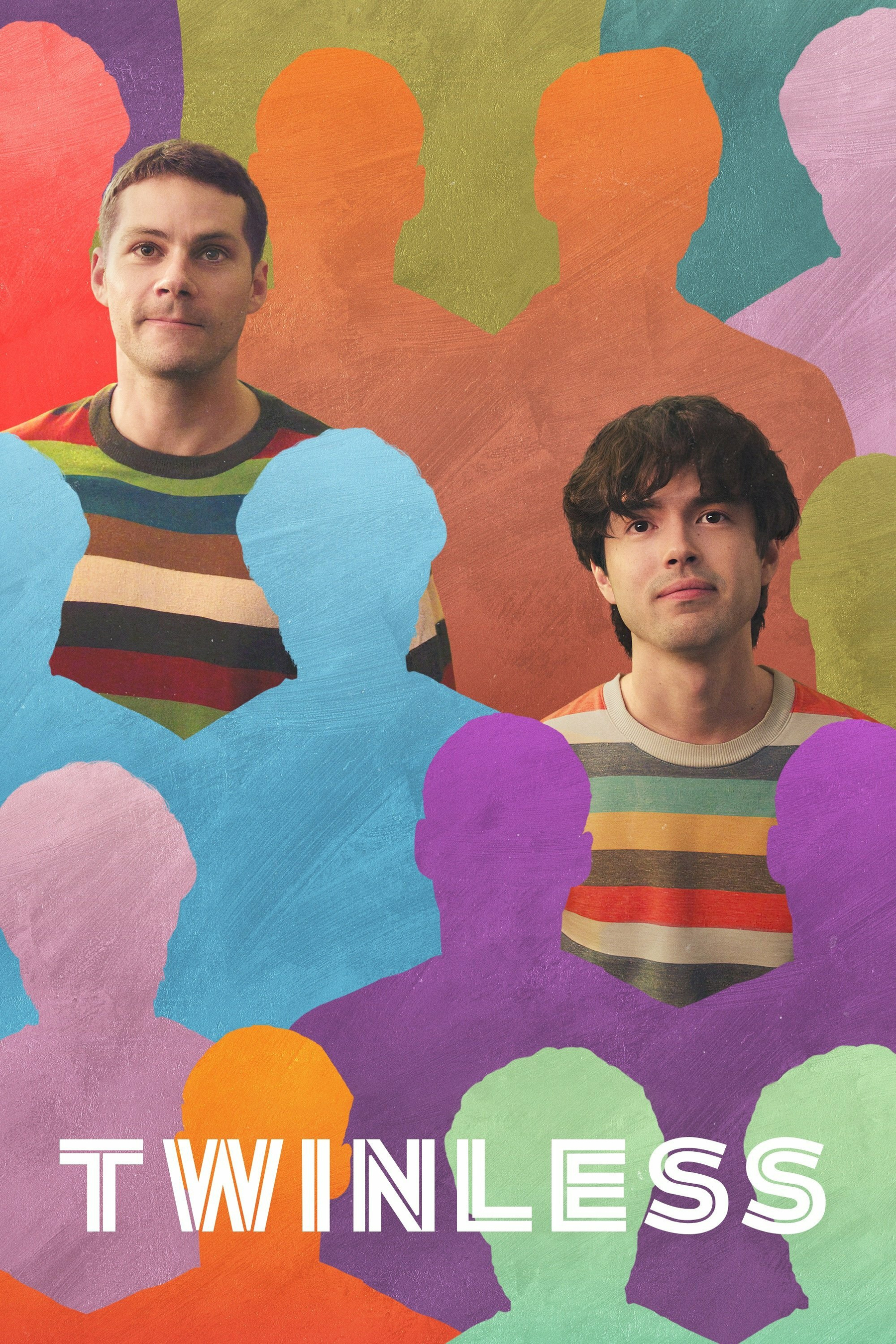 The image features two men in striped shirts against a colorful backdrop of silhouetted figures in various colors like orange, blue, purple, and green. The word "TWINLESS" is prominently displayed at the bottom of the image.