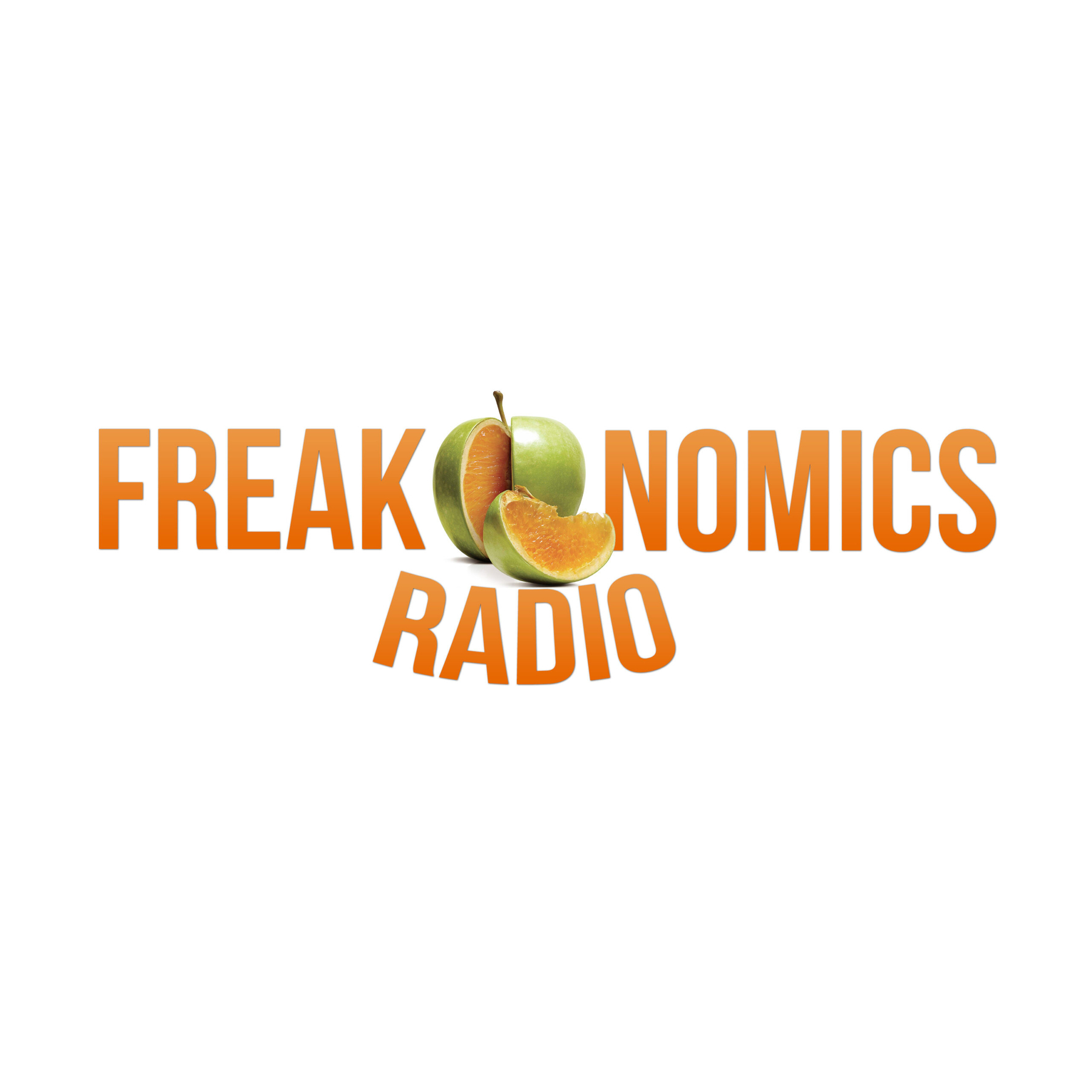 The image shows the logo for Freakonomics Radio. It consists of the word “FREAKONOMICS” in bold, uppercase orange letters, with the “O” in the middle replaced by a green apple that is sliced open to reveal an orange’s interior. Below the apple and slightly curved upward is the word “RADIO” in the same orange font and style. The background is white, making the logo elements stand out clearly.