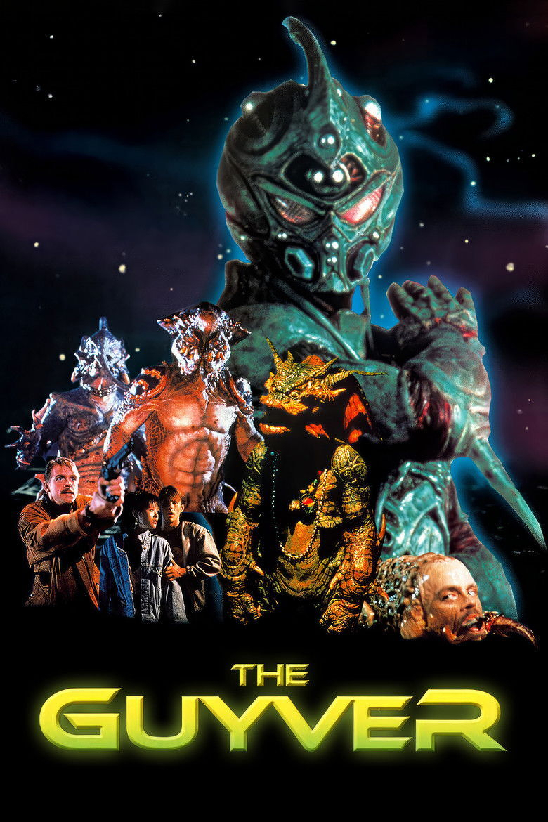 A movie poster featuring a large humanoid figure in green, biomechanical armour with a horned helmet and glowing red eyes, standing with arms crossed against a starry night sky. Below, several monstrous, reptilian, and alien-like creatures with muscular and scaly bodies are shown in various poses. In the bottom left, a man with a gun points toward the viewer while two other people, a man and a woman, stand behind him looking concerned. In the bottom right, a bald man with a menacing expression emerges from shadows. At the very bottom, the text reads “THE GUYVER” in bold, bright yellow letters.