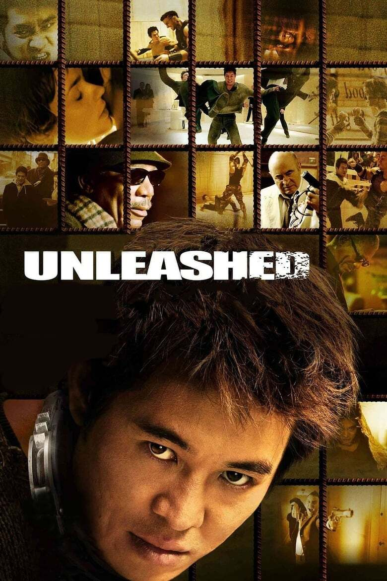 A movie poster featuring a large close-up of a man with intense eyes and a serious expression, wearing a metallic collar around his neck. Above him are multiple small rectangular frames depicting various scenes: action sequences, fighting, a man holding a gun, and dramatic moments including a person playing the piano and an older man in sunglasses. The background has a grid-like design resembling a film strip. The word "UNLEASHED" is prominently displayed in bold white letters near the centre of the poster, partially overlapping the man’s head.