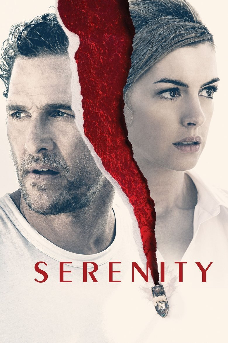 A movie poster featuring a man and a woman with a jagged, vertical red tear separating their faces. The man on the left has short, curly hair, a beard, and is wearing a white shirt, while looking off to the side with a serious expression. The woman on the right has her hair pulled back, is wearing a white blouse, and looks intently forward. The red tear between them extends downward into the shape of a boat at the bottom. The word “SERENITY” is written in bold red letters across the lower part of the image. The colour palette is primarily muted and desaturated, except for the vivid red tear.
