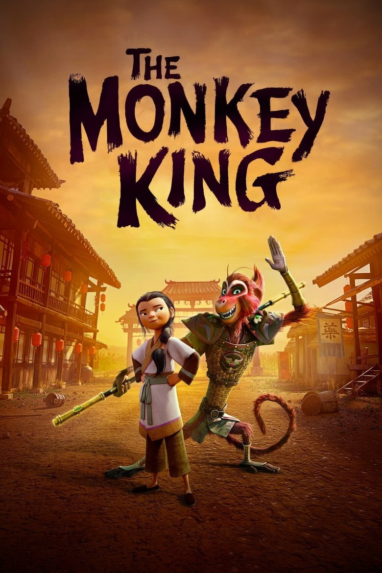 An animated movie poster for "The Monkey King." The poster features two animated characters standing in front of traditional Chinese buildings. The buildings have red lanterns hanging from them. The sky is orange and yellow. The title of the movie is written in large, black, brushstroke letters at the top of the poster. The two characters are standing in the middle of the poster. The character on the left is a young boy with black hair. He is wearing a white shirt and brown pants. He is holding a staff in his right hand. The character on the right is a monkey with red fur. He is wearing a green robe and a gold crown. He is holding a staff in his right hand and is making a peace sign with his left hand. The monkey is also holding a small, green object in his left hand.