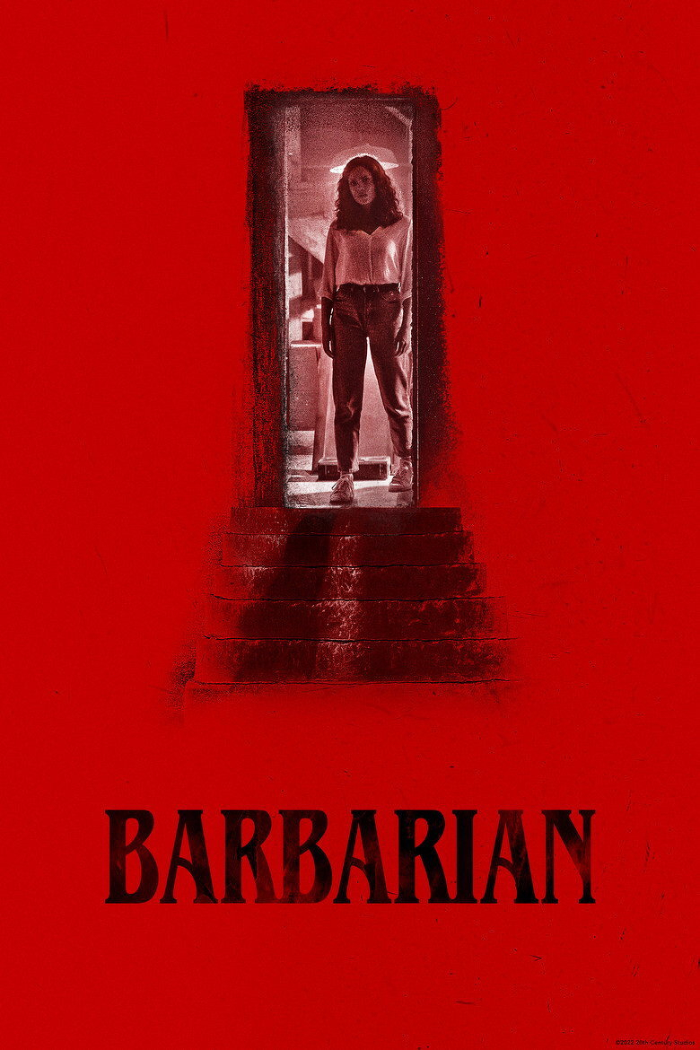 A red-toned poster features a woman standing in a doorway at the top of a dimly lit staircase, dressed in a white blouse and dark jeans, with curly hair framing her face. The stairs beneath her are shadowy, and the doorway emits a soft light that illuminates her figure. The background is entirely red with a rough texture, and the bottom of the image displays the word “BARBARIAN” in large, bold black letters.
