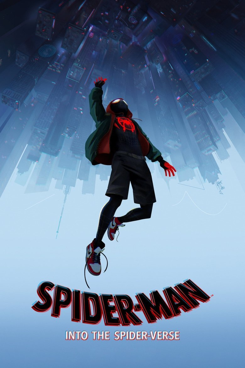 An animated poster of a character in a Spider-Man suit leaping upward with one arm extended, wearing a dark green jacket, black shorts, black tights, red-and-white sneakers, and a mask with glowing red eye lenses. The character is set against a cityscape of tall skyscrapers that appear upside down above him, giving the impression that he is soaring toward them. The sky behind him is light blue, transitioning to darker shades near the buildings. The title at the bottom reads “SPIDER-MAN” in bold red and black letters, with “INTO THE SPIDER-VERSE” written beneath in white with a faint red and blue shadow effect.