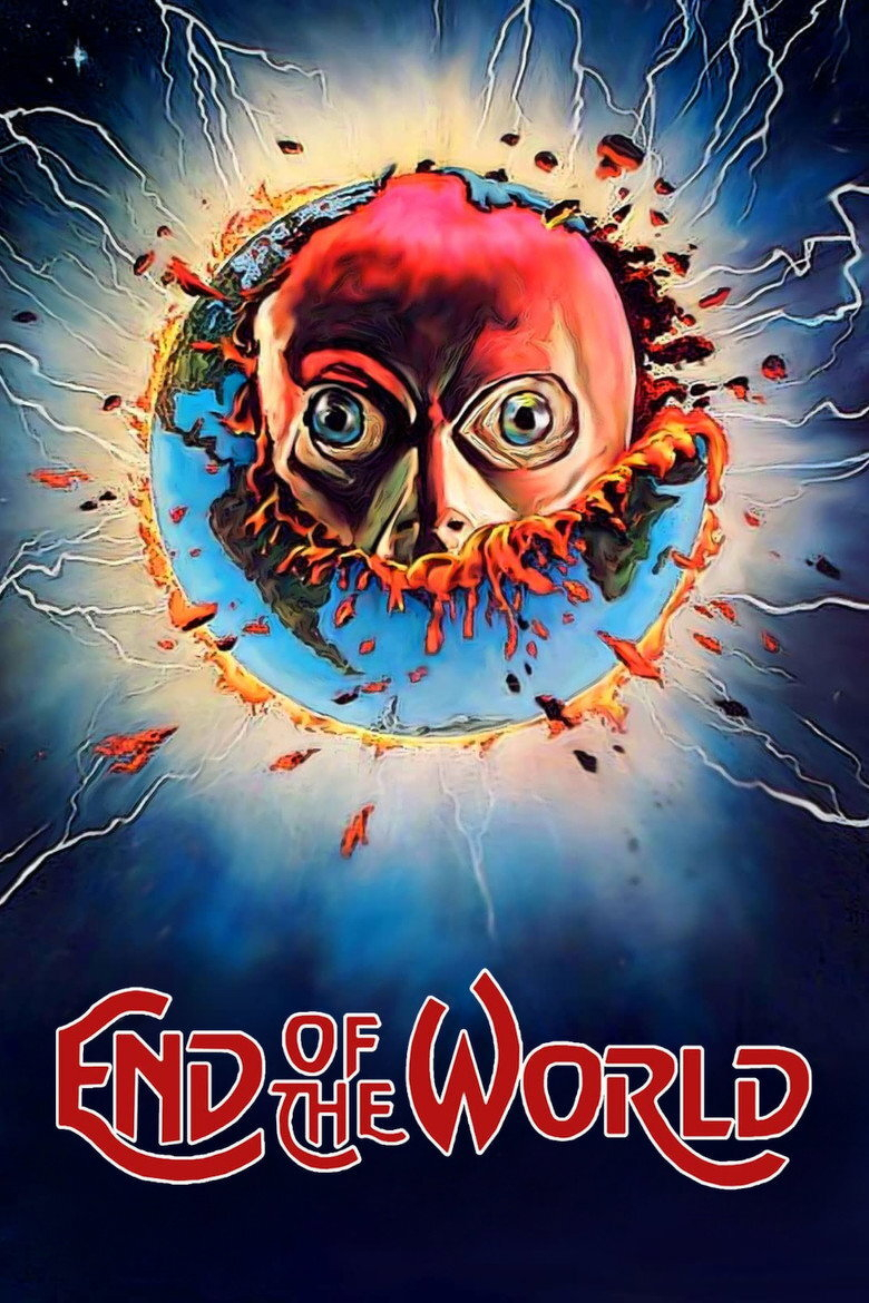 A surreal illustration of a planet resembling Earth exploding in space, with cracks, debris, and lightning radiating outward. Emerging from the cracked surface is a red, human-like face with wide, fearful eyes and a partially open mouth, surrounded by molten orange and red fragments. The background transitions from dark outer space to a glowing light behind the planet. At the bottom of the image, stylized red and white text reads “End of the World.”