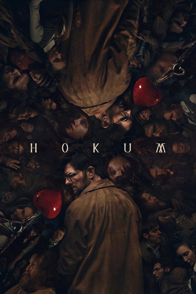 A dark, surreal poster featuring a man with glasses and a trench coat standing with his back slightly turned, his face in profile. He appears twice, mirrored vertically, surrounded by a chaotic collage of faces and figures in various orientations, giving a disorienting, dreamlike effect. Two red, heart-shaped balloons or objects with metallic strings appear on either side of the central figure. The background is filled with shadowy, overlapping images of people, including some lying down or looking distressed. In the centre of the image, the word "HOKUM" is displayed in spaced-out, capital letters, with the letter "M" stylized slightly differently. The overall colour palette is muted and dark, with earthy tones and occasional deep red highlights.