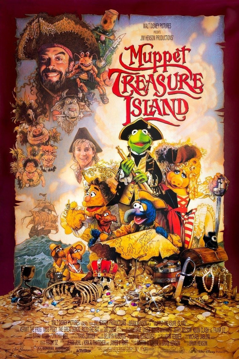 A colourful illustrated movie poster for “Muppet Treasure Island” shows Kermit the Frog dressed as a naval captain holding a spyglass, standing at the centre next to Miss Piggy dressed as a glamorous pirate with a red hat and feather. Around them are Gonzo, Fozzie Bear, Rizzo the Rat, and other Muppets, some holding a treasure map, and all surrounded by piles of gold coins, jewels, a crown, goblets, pearls, a skeleton, and pirate treasure. In the background, a sailing ship rides the ocean waves. At the top left is a smiling human pirate in a fur hat, surrounded by more Muppet pirates, including animal characters and monsters. The title “Muppet Treasure Island” appears in large, ornate red lettering at the top right, with “Walt Disney Pictures Presents Jim Henson Productions’” above it. The bottom lists film credits, including cast and crew names, with the Disney logo and a “General Audiences” rating.
