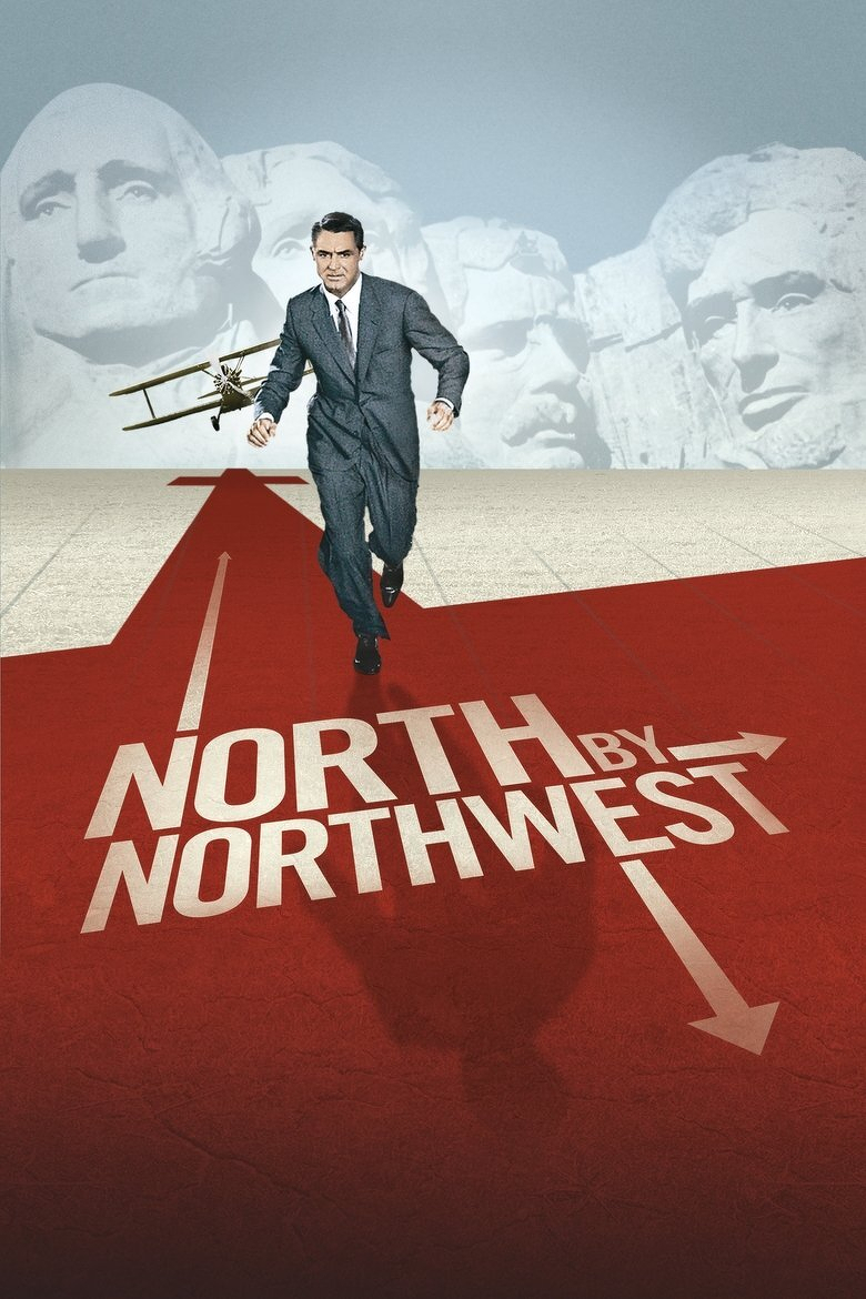 A man in a grey suit is running toward the viewer with a serious expression, while an old-fashioned biplane flies closely behind him. Mount Rushmore, featuring the carved faces of four U.S. presidents, looms in the background under a pale blue sky. The ground is a flat, textured surface with a bold red arrow stretching towards the foreground. The words “NORTH BY NORTHWEST” appear in large, white capital letters along the arrow, with “BY” integrated into the arrow pointing to the right.