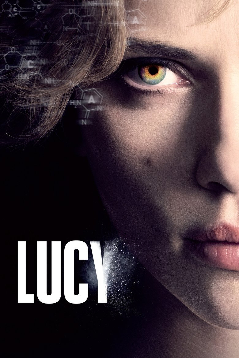A close-up image of a woman's face, showing only the right side, with intense orange and green eyes staring forward. Her blonde hair partially falls across her forehead. The background is dark with faint chemical structures and molecular diagrams superimposed on the left side. The name "LUCY" appears in large white capital letters at the bottom left, with the "Y" disintegrating into particles, creating a smoky effect.