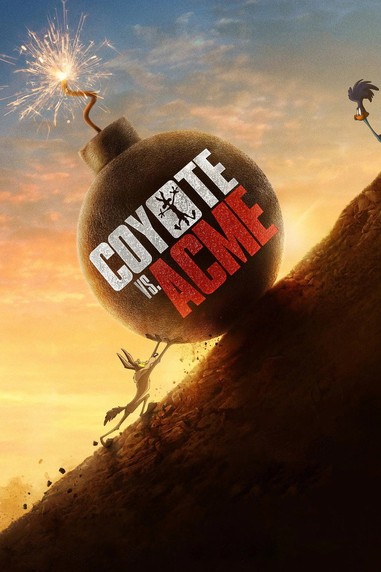 A cartoon scene depicts Wile E. Coyote pushing a massive black bomb with a lit fuse up a steep, rocky hill at sunset. The sky is filled with warm shades of orange and yellow, fading into cooler tones at the top. The bomb is textured and has the words “COYOTE vs. ACME” on it, with “COYOTE” in white and “ACME” in bold red letters. The “O” in “COYOTE” features a silhouette of Wile E. Coyote falling with arms and legs outstretched. Small rocks tumble down the slope as the coyote struggles to push the bomb upward. At the top right, the Road Runner is partially visible, confidently watching from the edge of the hill.