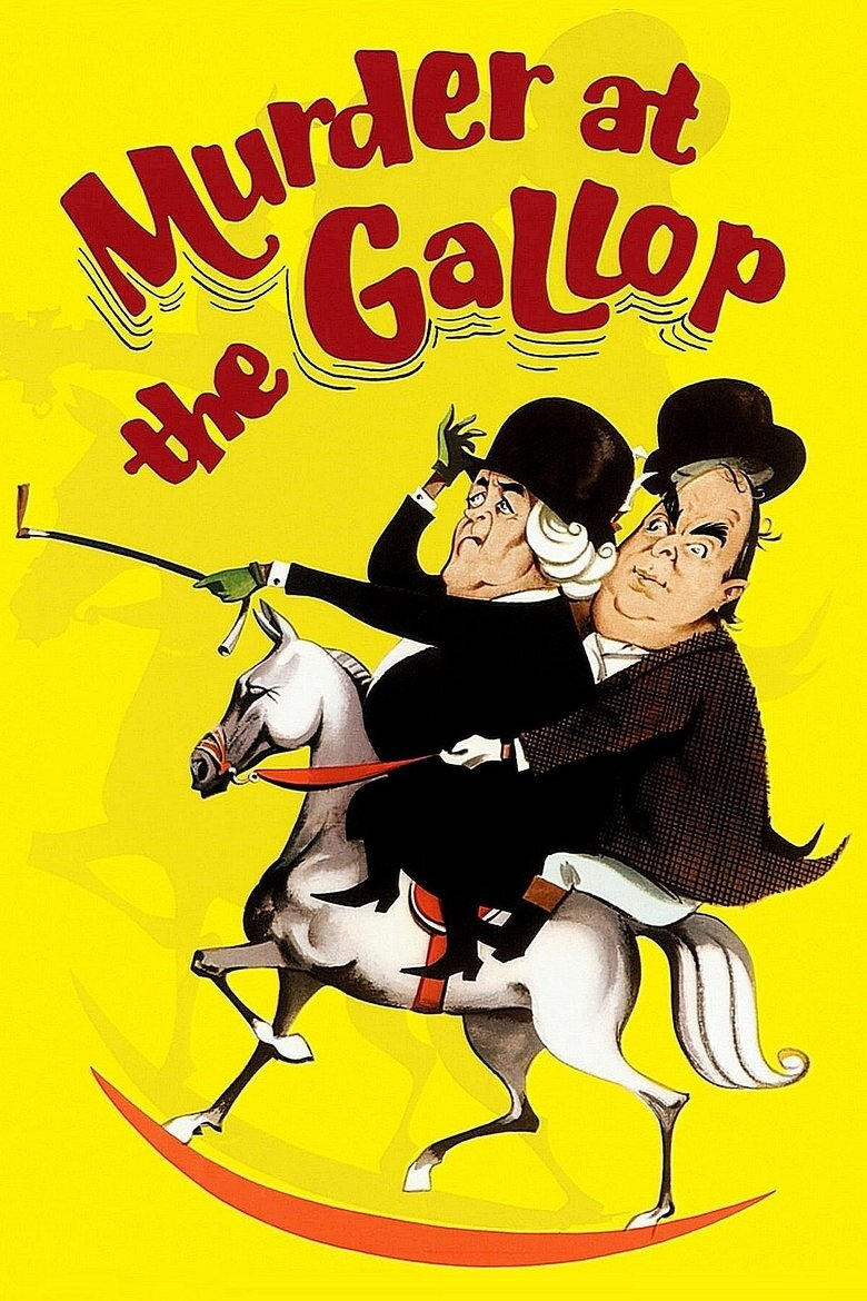 A bright yellow poster featuring a cartoon illustration of two older individuals riding a rocking horse. Both are dressed in formal black attire with bowler hats. The person in the front has white hair and a stern expression, holding a riding crop in the air, while the person behind appears heavier, wearing a checkered coat, and has a slightly worried or nervous expression. The rocking horse is white with a red bridle and saddle, its legs bent as if in motion. In large, stylized red letters at the top, it reads “Murder at the Gallop,” with “the” tilted diagonally. In the background, faint silhouettes of galloping horses are visible.