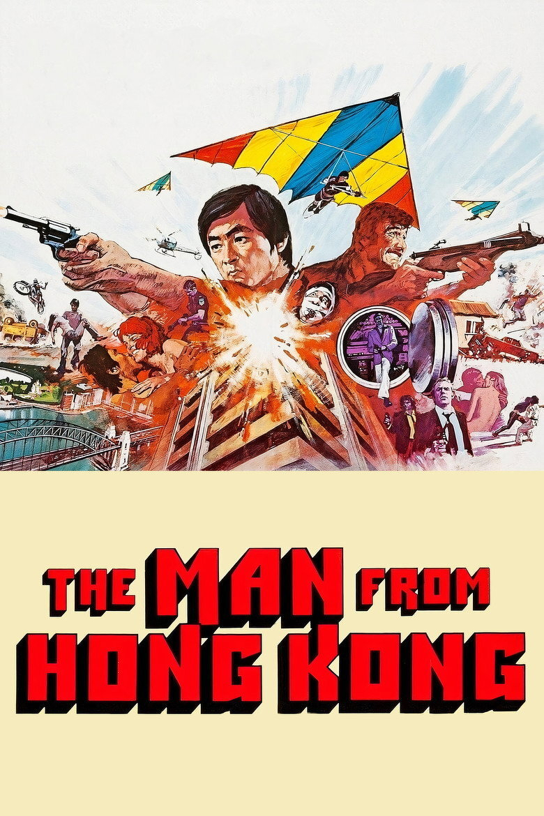 An illustrated movie poster featuring a central figure of an intense-looking man holding a gun, with an explosion radiating from his chest. Behind him, a second man aims a shotgun. A colourful hang glider dominates the upper background, with smaller gliders and a helicopter in the sky. Action scenes surround the central figures, including car chases, motorcycle stunts, and a fight sequence. The Sydney Harbour Bridge is visible in the lower left corner. At the bottom, large bold red and black text reads: “THE MAN FROM HONG KONG.”