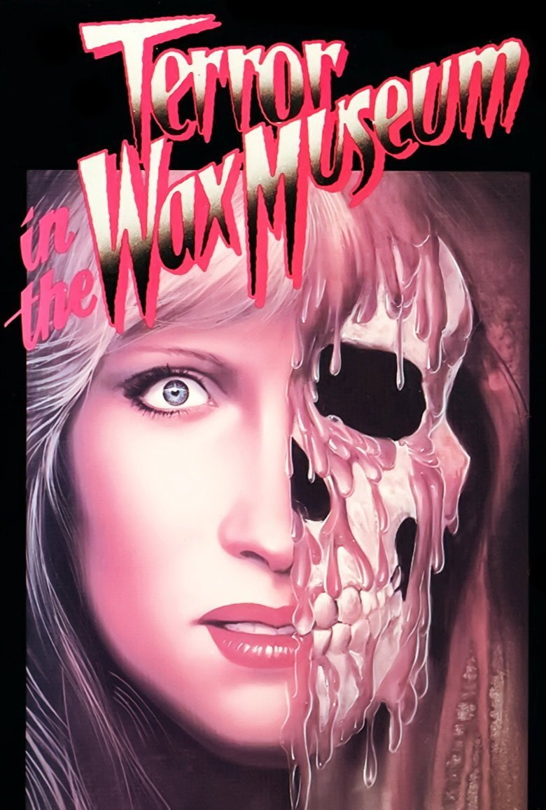 A horror-themed poster featuring a woman’s face split into two halves. The left side shows a realistic face with long blonde hair, pale skin, blue eyes, and red lips. The right side is melting, revealing a pink wax-like texture dripping over a skeletal skull beneath. The background is dark and shadowy. At the top, stylized dripping red and white letters spell out “Terror in the Wax Museum.”