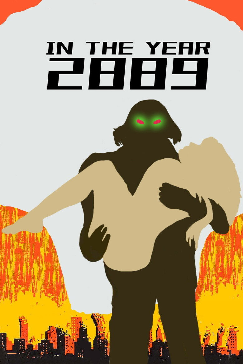 A stylized illustration shows a dark, humanoid figure with glowing green eyes outlined in red, carrying a limp, tan-coloured human figure in its arms. Behind them, an apocalyptic cityscape with black building silhouettes is partially engulfed in bright orange and yellow flames. Above the figures, bold black text reads: “IN THE YEAR 2889.” The background is mostly light grey with a large orange border along the top resembling a fiery sky.