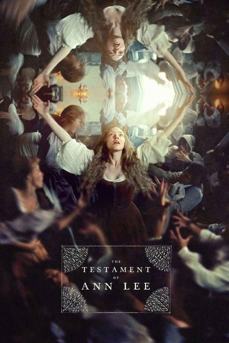 A movie poster for "The Testament of Ann Lee." The poster features a woman in a dark dress with her arms raised in the air. She is surrounded by a group of people in white shirts and bonnets, who are also raising their arms. The background is dark, and the scene is illuminated by a bright light source behind the woman. The title of the movie is written in white text at the bottom of the poster, inside a decorative black border.