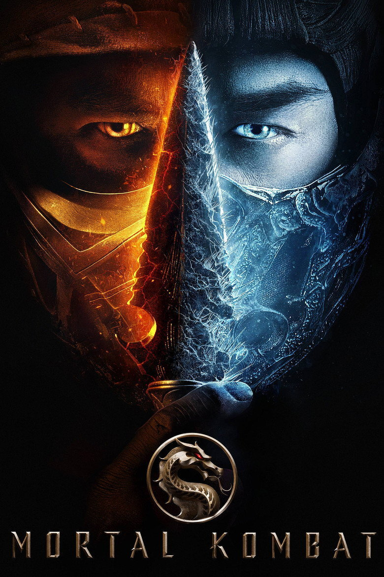 A dramatic poster featuring two masked warriors facing each other with a vertical split down the middle. The left side shows a figure in orange and gold tones with fiery eyes, surrounded by glowing embers and flames. The right side depicts a figure in icy blue tones with piercing blue eyes, wearing a frost-covered mask and armour. Between them, a jagged, frosty blade runs vertically, dividing the fire and ice imagery. At the bottom, a metallic dragon emblem with a red eye is displayed above the title “MORTAL KOMBAT” in bold, metallic letters.