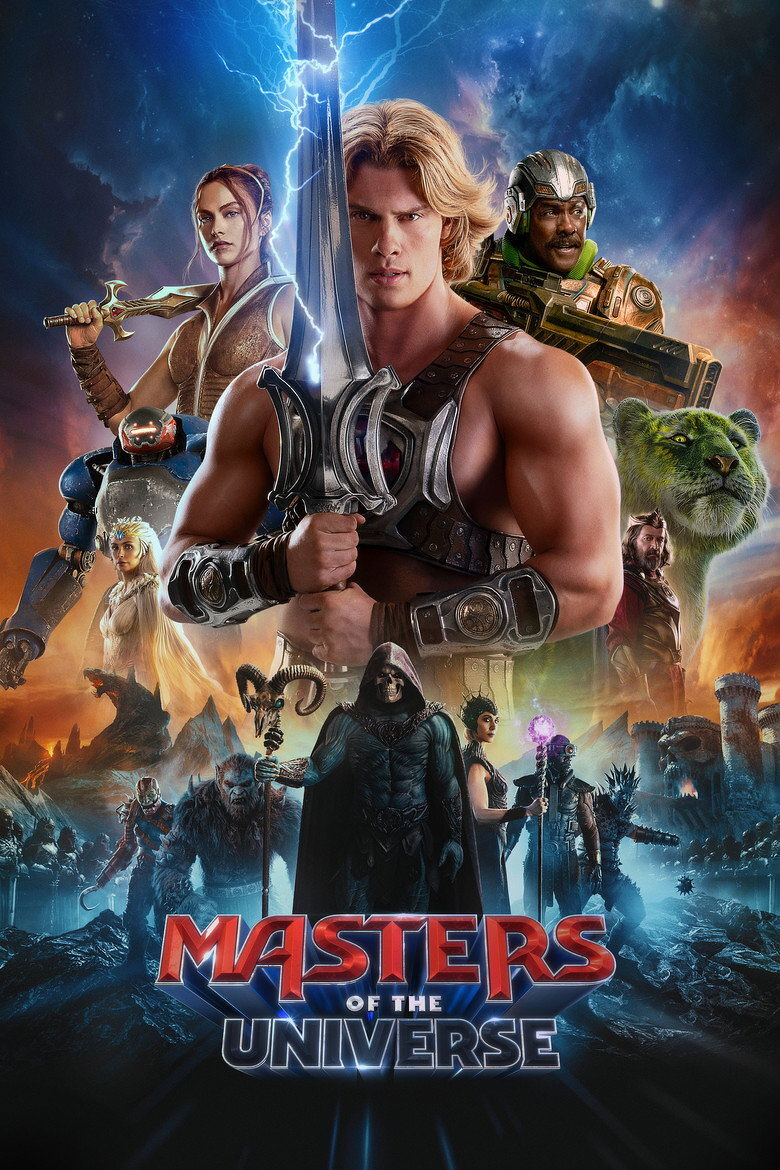 A fantasy-themed movie poster featuring a muscular blond man holding a large, glowing sword with lightning striking from it. He wears a chest harness and metal arm guards. Behind him, a woman with a serious expression wields a sword, a man in futuristic armour holds a large weapon, and a green tiger with yellow eyes snarls. Various other characters surround them, including a robotic figure, a regal woman in white with a crown, and a hooded skeletal villain accompanied by monstrous allies and sorcerers wielding glowing staves. In the background, a cosmic sky with stars looms over rocky, castle-like structures, including a fortress resembling a skull. At the bottom, large red and blue text reads: “MASTERS OF THE UNIVERSE.”