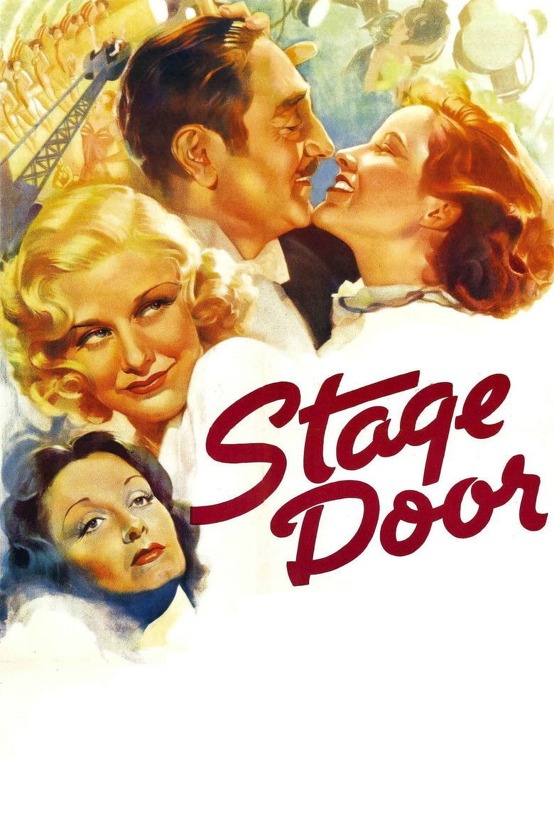 A vintage illustrated movie poster features four characters prominently. At the top, a man with dark, slicked-back hair and a small moustache smiles as he leans closely toward a woman with wavy auburn hair, who is beaming back at him. Below them to the left is a glamorous blonde woman with soft curls and a thoughtful expression. In the lower left corner, a brunette woman with dark, styled hair gazes upward with a serious, distant look. In the background, there is a stage scene with a line of dancers and bright studio lights shining down. The title “Stage Door” is written in large, bold, red cursive letters across the lower right portion of the poster.