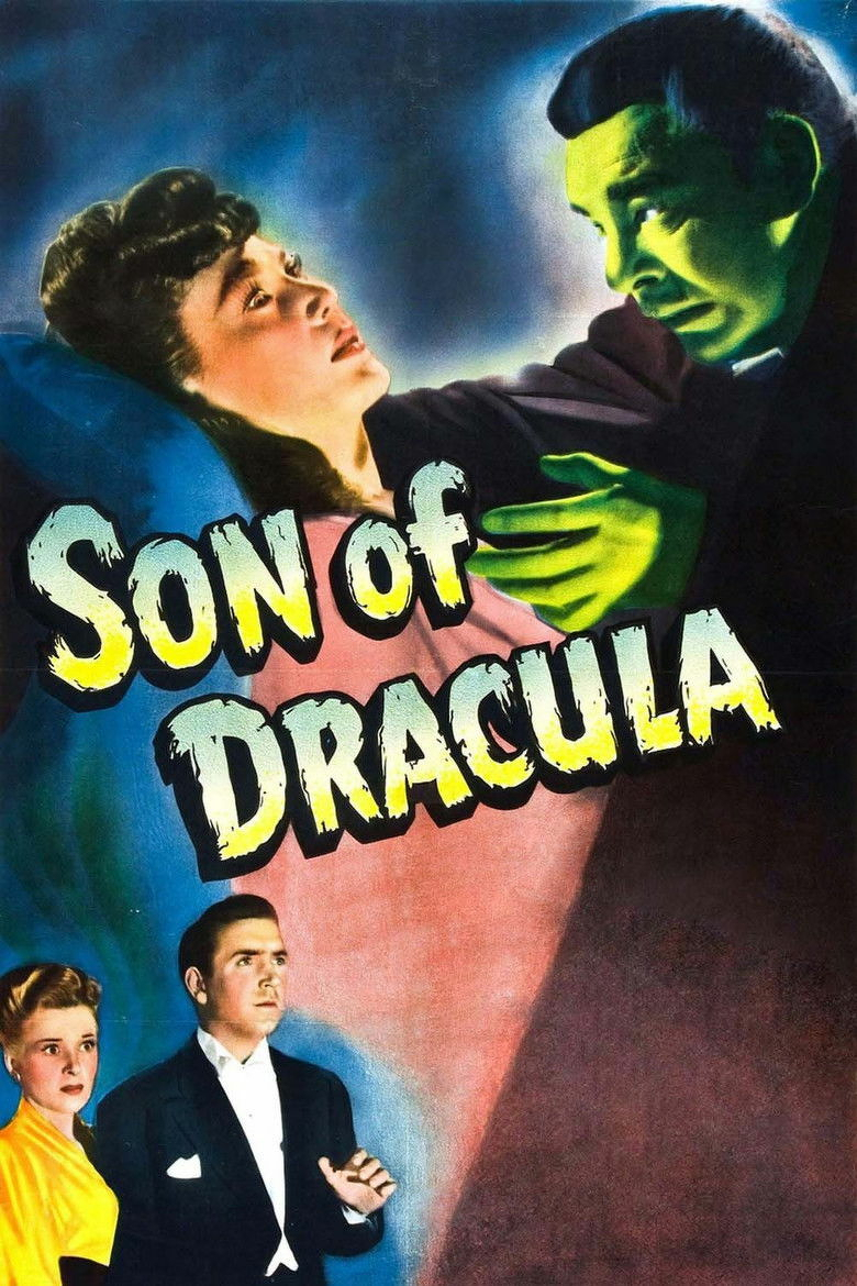 A vintage movie poster for "Son of Dracula." The poster features a woman in a pink dress lying on a bed, looking up with a concerned expression. A man with a green face and dark hair leans over her, casting a shadow. Below them, two other characters stand—a man in a black suit and a woman in a yellow dress. The title "Son of Dracula" is prominently displayed in bold, distressed letters with a gradient of yellow and white on a black background.