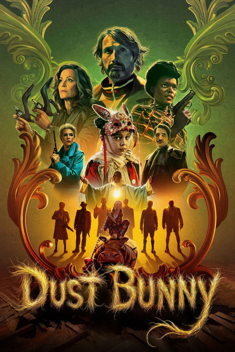 A colourful, stylized movie poster features a group of characters in a mix of dramatic and mysterious poses. At the centre is a young child wearing a red outfit and an ornate rabbit mask with long ears, surrounded by swirls of golden, decorative patterns. Above the child are five adults holding weapons: a woman in a teal coat with a gun, a woman in a brown jacket holding claw-like tools, a man with rugged hair and a beard, a woman in a colourful checked outfit holding a pistol, and a man in a dark suit. Below, silhouetted figures walk toward the viewer in a warm orange glow, with one figure seated on a large pig-like creature holding a toy weapon. The title at the bottom reads “Dust Bunny,” written in textured, furry yellow letters that resemble real strands of hair. The overall colour palette combines deep greens, golds, and oranges with a surreal and dramatic tone.