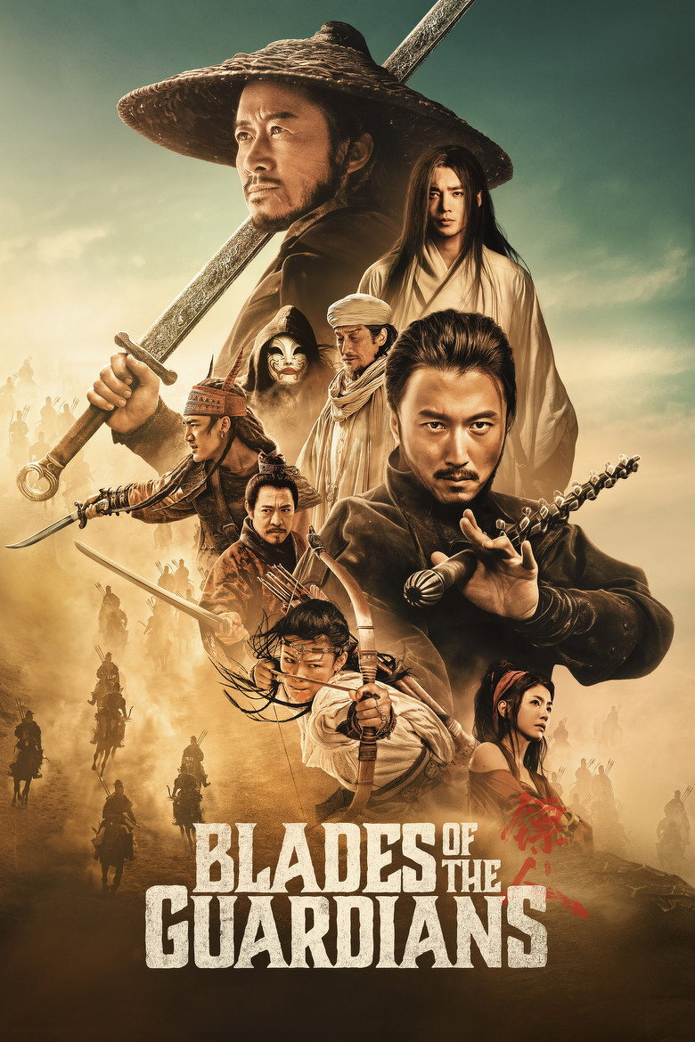 A dramatic poster featuring multiple characters in a historical, action-packed setting. At the top left, a man in a wide straw hat holds a large sword over his shoulder, looking determinedly into the distance. To his right, another man with long hair in white robes gazes intensely forward. Below them, a group of characters is layered together: a man in dark clothing holding a weapon resembling a flail or spiked staff, a masked figure, a man in a white headscarf, a swordsman in traditional armour, and two archers, one aiming a bow directly at the viewer. At the bottom right, a woman with a red scarf tied in her hair looks contemplative. In the background, a dusty battlefield shows multiple riders on horseback charging through the haze. The sky is a gradient from teal to golden brown, giving a sense of a dramatic sunset. At the bottom, large white text reads “BLADES OF THE GUARDIANS,” with a red brushstroke resembling blood behind the last word.