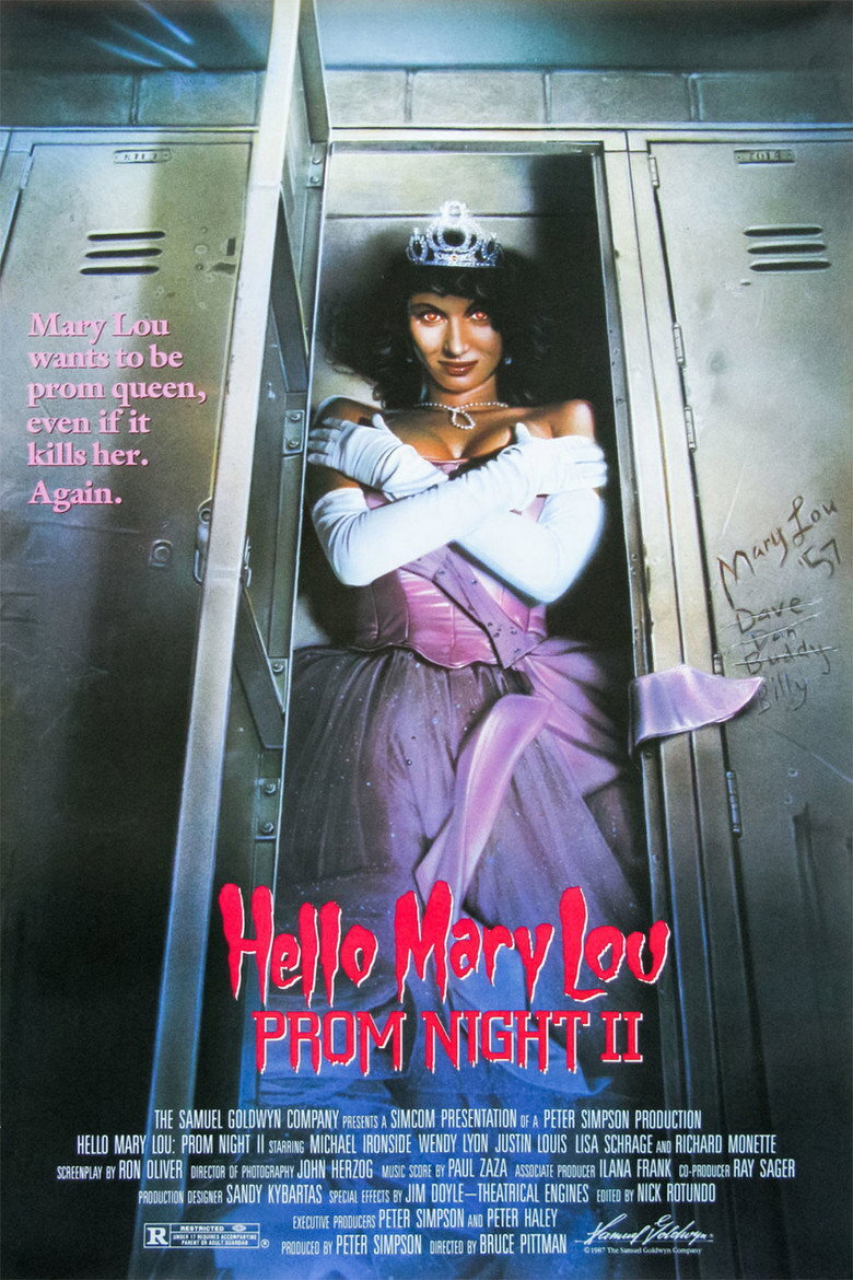 A movie poster for "Hello Mary Lou: Prom Night II." A woman with voluminous dark hair and a silver jeweled tiara stands inside an open metal school locker. Her eyes glow red, and she has a slight, sinister smile. She wears a strapless lavender-pink gown with a structured corset bodice, a sparkling necklace, and long white opera gloves crossed over her chest. The locker door swings open on the left, and neighboring gray lockers with vents line the background under a dim, bluish light. Scribbled graffiti on the right locker reads "Mary Lou '57," "Dave," "Evan," "Buddy" (crossed out), and "Billy." Pink text on the left reads "Mary Lou wants to be prom queen, even if it kills her. Again." The title "Hello Mary Lou PROM NIGHT II" appears in large red, dripping horror-style letters near the bottom. Smaller white credits list the Samuel Goldwyn Company, a Simcom presentation, a Peter Simpson production, the cast and crew, an R rating box, and "© 1987 The Samuel Goldwyn Company."