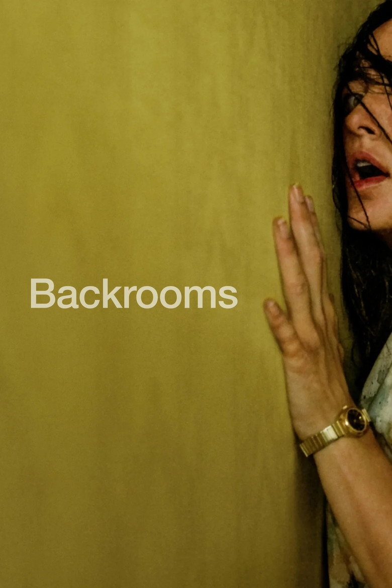 A woman with wet, dark hair partially covering her face leans against a yellow wall with her hand pressed to it, wearing a gold wristwatch. Her mouth is slightly open, and she appears tense or frightened. The word “Backrooms” is displayed in large, light beige text on the left side of the image against the plain yellow wall.