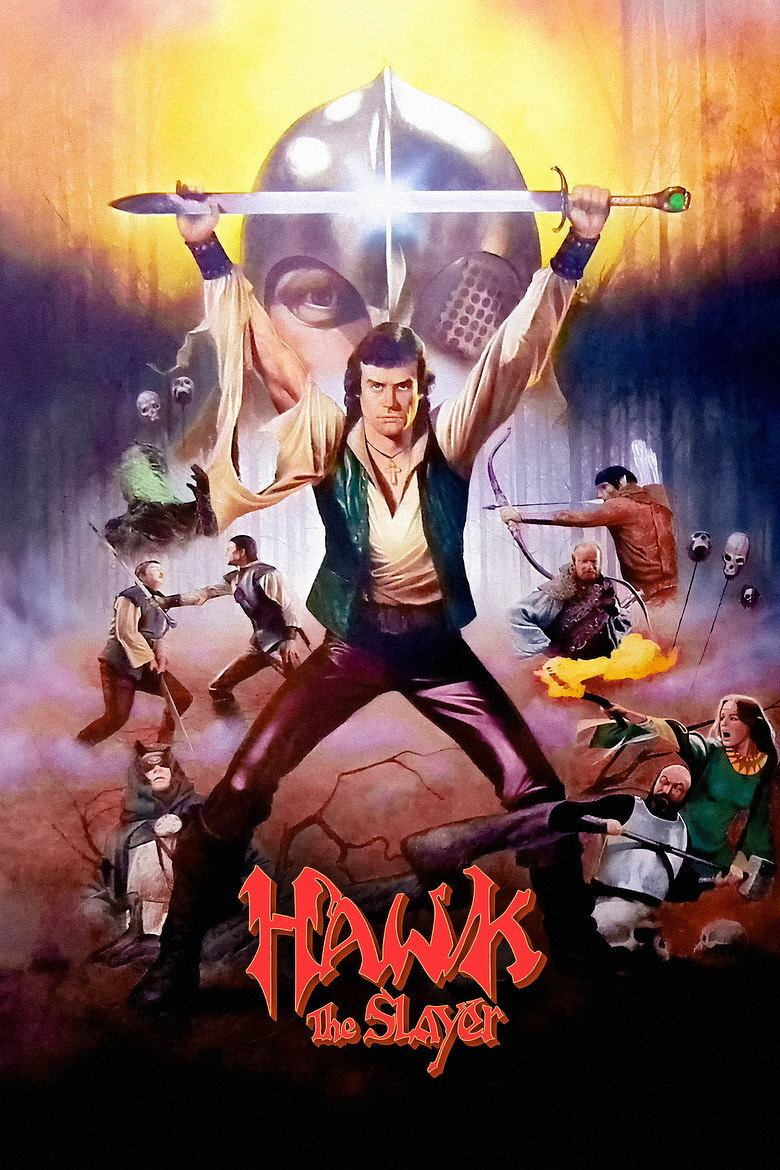 A fantasy movie poster featuring a man standing in the centre with his arms raised, holding a glowing sword horizontally above his head. He wears a green vest over a cream shirt with torn sleeves and dark pants. Behind him, a giant metallic helmet with eye slits looms against a glowing orange and yellow sky. Surrounding him are various scenes of battle: a man firing a bow, a warrior casting fire, a cloaked figure holding a crossbow, and others engaged in sword fights. Skulls and mist float in the dark, foggy forest background. At the bottom, the red stylized title reads “Hawk the Slayer.”