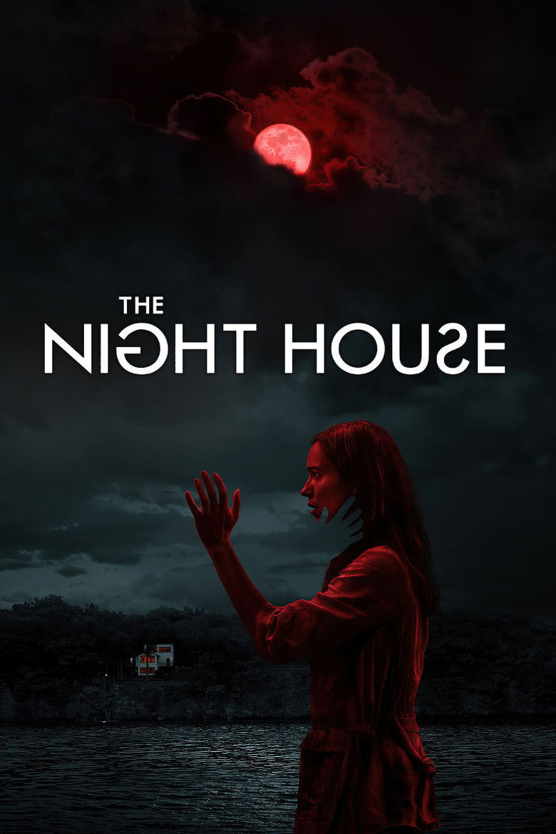 A horror movie poster for "The Night House." A woman in a loose red-tinted top stands in profile facing left, her long hair falling past her shoulders. She raises one hand, palm open and fingers spread, toward the left edge of the frame, and her mouth is open as if gasping or crying out. A pale, jagged shape resembling a ghostly hand or claw rises beside her face and neck. A large red moon glows behind dark, swirling clouds at the top of the image. Below her, dark, rippling water fills the foreground, and across the shore a small white building with red-lit windows sits among dark trees under a stormy sky. The title appears in the upper middle in bold white sans-serif capitals. "THE" is small and sits above the larger "NIGHT HOUSE," which is mirrored horizontally so the letters read backward.
