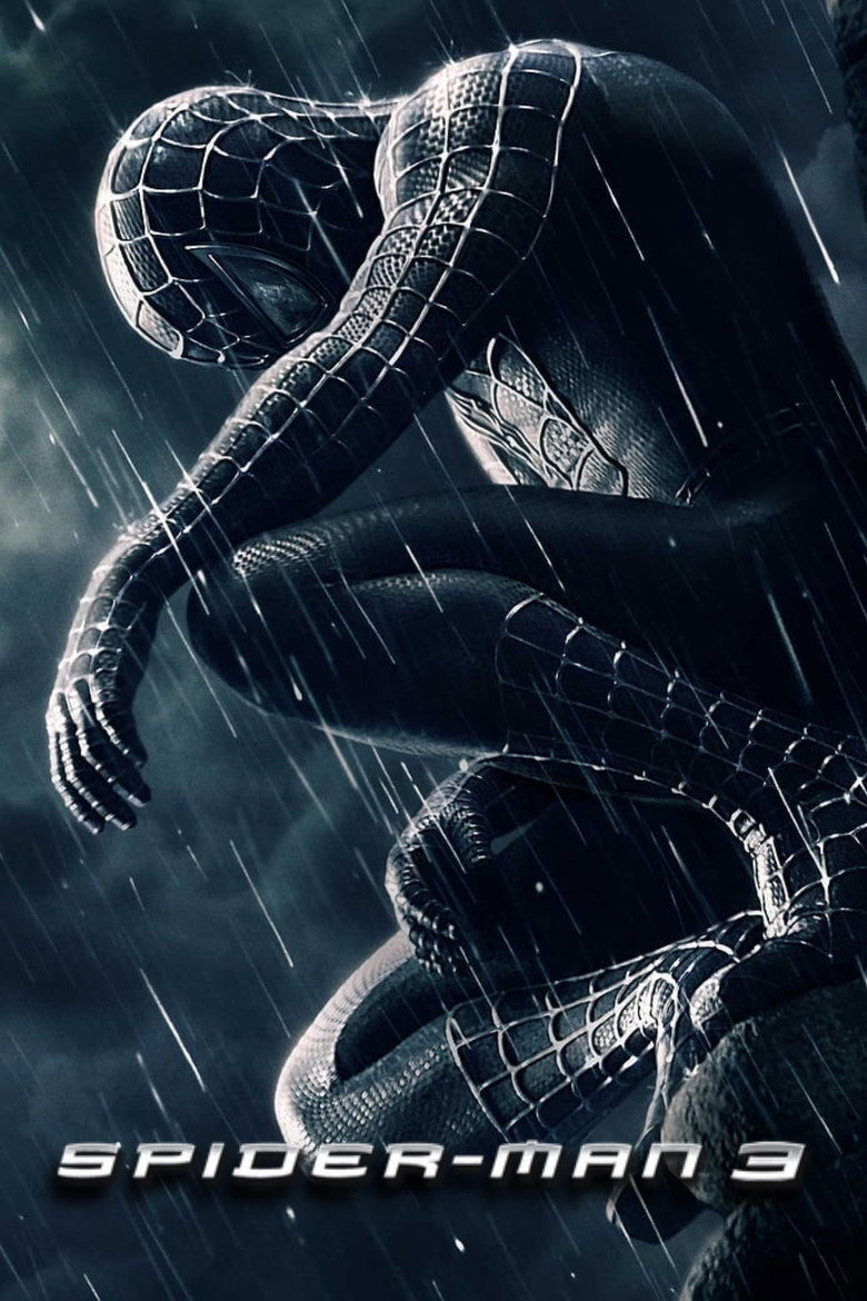 A dark, rainy scene featuring Spider-Man in his black suit, crouched on a stone structure with his head bowed and one arm resting on his knee. The suit is sleek and reflective, with silver web patterns running across his body. Raindrops streak diagonally across the image, emphasizing the somber and dramatic atmosphere. At the bottom of the image, the metallic text reads “SPIDER-MAN 3.”
