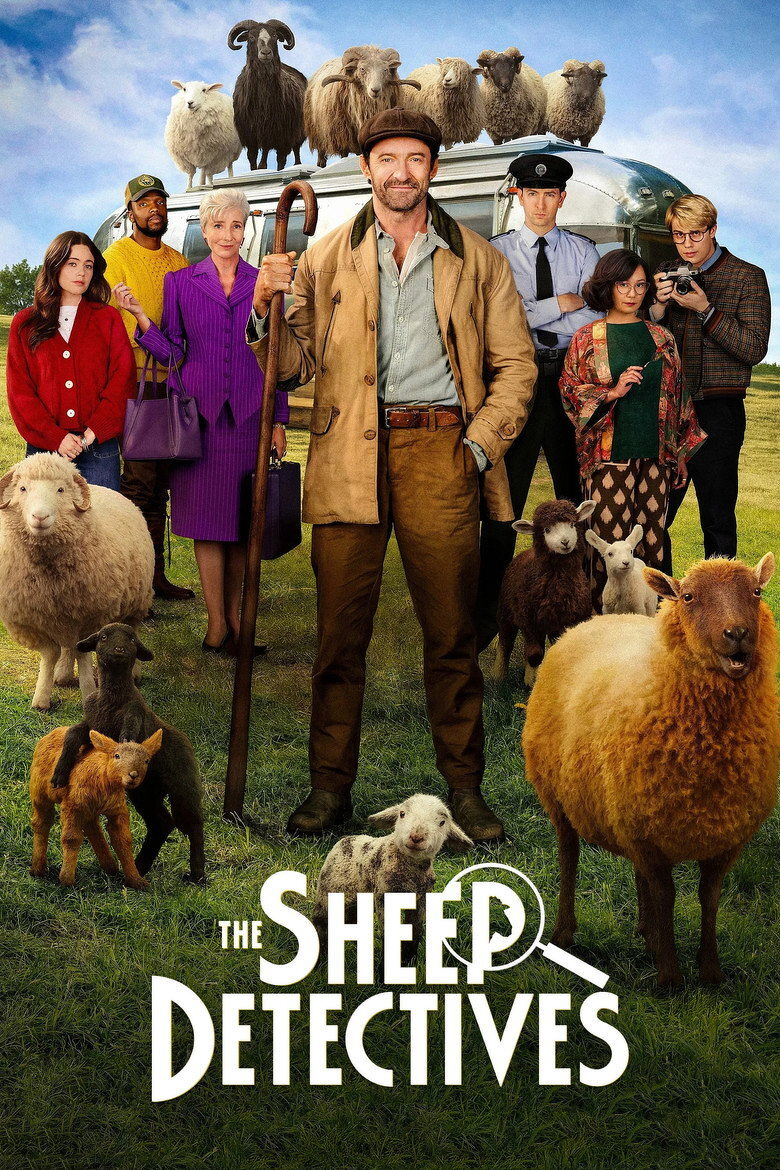 A group of people and various sheep are standing in a grassy field in front of a silver trailer under a blue sky with some clouds. In the centre, a man wearing a flat cap, tan jacket, and brown pants holds a shepherd’s crook and smiles. Surrounding him are several sheep of different colours, including white, brown, black, and tan, along with a few lambs. Behind him, six other people stand: a young woman in a red sweater, a man in a yellow sweater and green cap, an older woman in a purple skirt suit holding a matching handbag, a man in a light blue shirt and dark tie with a police-style cap and crossed arms, a woman in patterned clothing and glasses holding a cup, and a young man with blond hair and glasses holding a camera. On top of the trailer, several sheep and a black ram with curled horns stand and look forward. At the bottom of the image, large white text reads “THE SHEEP DETECTIVES,” with the letter P stylized as part of a magnifying glass.