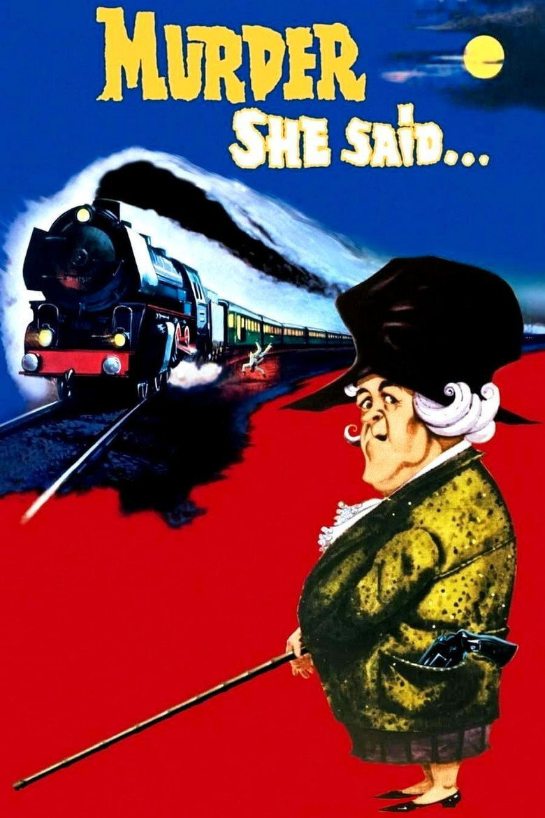 A vintage illustrated poster features a steam train speeding along tracks under a dark blue night sky with a full yellow moon. Smoke billows from the engine as the train moves from left to right, with a figure in green seemingly running near the tracks. The ground beneath the train and the foreground is coloured a striking red. On the right side, a caricature of an older woman with a stern expression is depicted, wearing a green coat, a black hat with white curls peeking out, and holding a walking stick. A revolver is tucked into her coat pocket. At the top, large yellow letters read “MURDER” and slightly smaller yellow letters below read “SHE SAID...”