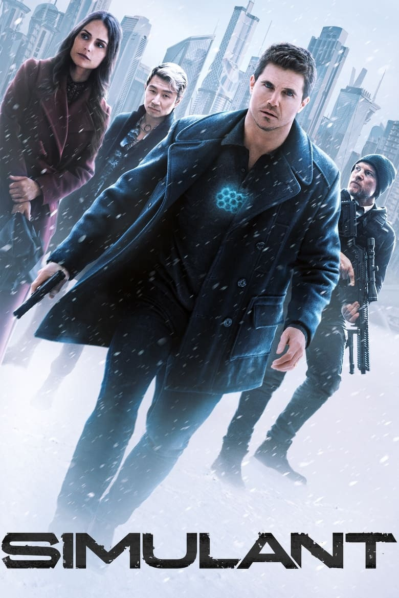 A group of four people walks through a snowy, futuristic cityscape with tall, sleek skyscrapers in the background. In the foreground, a man in a dark coat with a glowing hexagonal blue pattern on his chest strides forward holding a handgun. Behind him, a woman in a long maroon coat carries a bag, a man with short hair and a two-tone blond style wears a patterned shirt and necklace, and another man in a black beanie and tactical gear carries a large rifle. Snow is falling around them, and the scene has a cold, tense atmosphere. At the bottom, the word “SIMULANT” is displayed in bold, distressed black letters.
