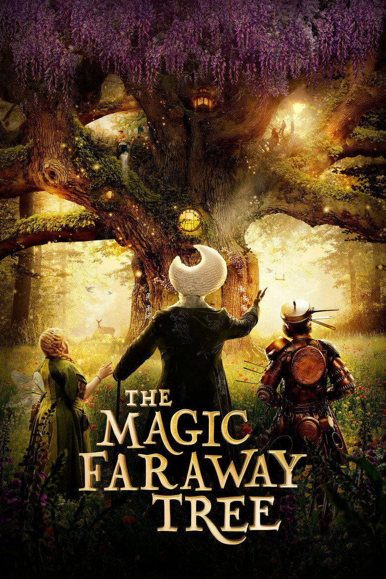 A fantastical scene depicting an enormous, ancient tree with a thick trunk and sprawling branches covered in moss and purple wisteria blossoms. Golden light filters through the forest, giving the scene a magical glow. Tiny warm lights are scattered among the branches, and there are small windows and doors built into the tree, suggesting it is inhabited. In the foreground, three characters stand facing the tree: on the left, a blonde-haired figure in a green dress with fairy wings; in the centre, a tall figure with a crescent moon-shaped head wearing a long dark coat; and on the right, a small figure in an elaborate metallic suit resembling armour with protruding metal rods. The background includes a forest clearing with wildflowers, a deer, and a wooden swing hanging from one of the tree's lower branches. At the bottom, the large, golden text reads: “THE MAGIC FARAWAY TREE.”