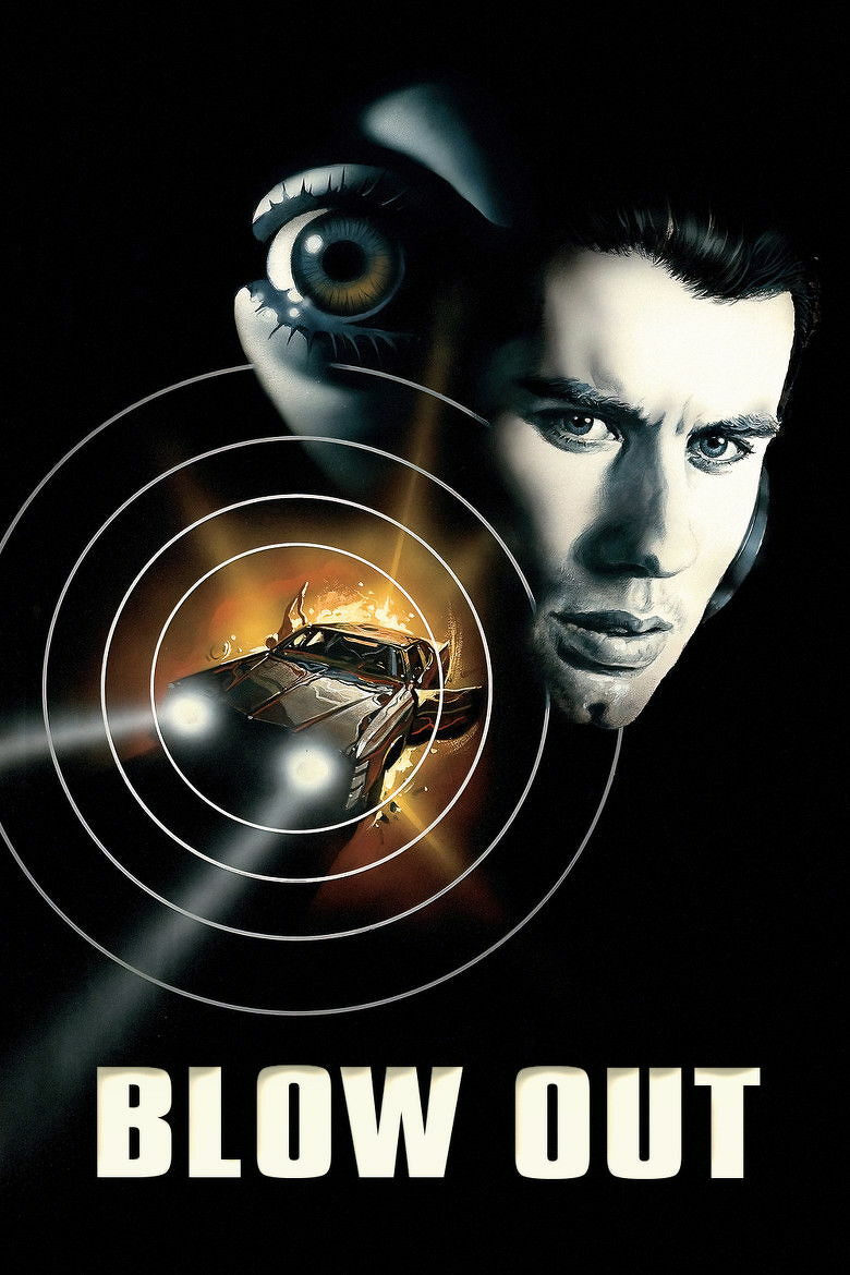 A movie poster for "Blow Out." The poster features a man's face in the center, looking serious. He has dark hair and blue eyes. Behind his head is a large, detailed eye. In front of his face is a circular target with a car exploding in the center. The background is black. The title "Blow Out" is written in white capital letters at the bottom of the poster.