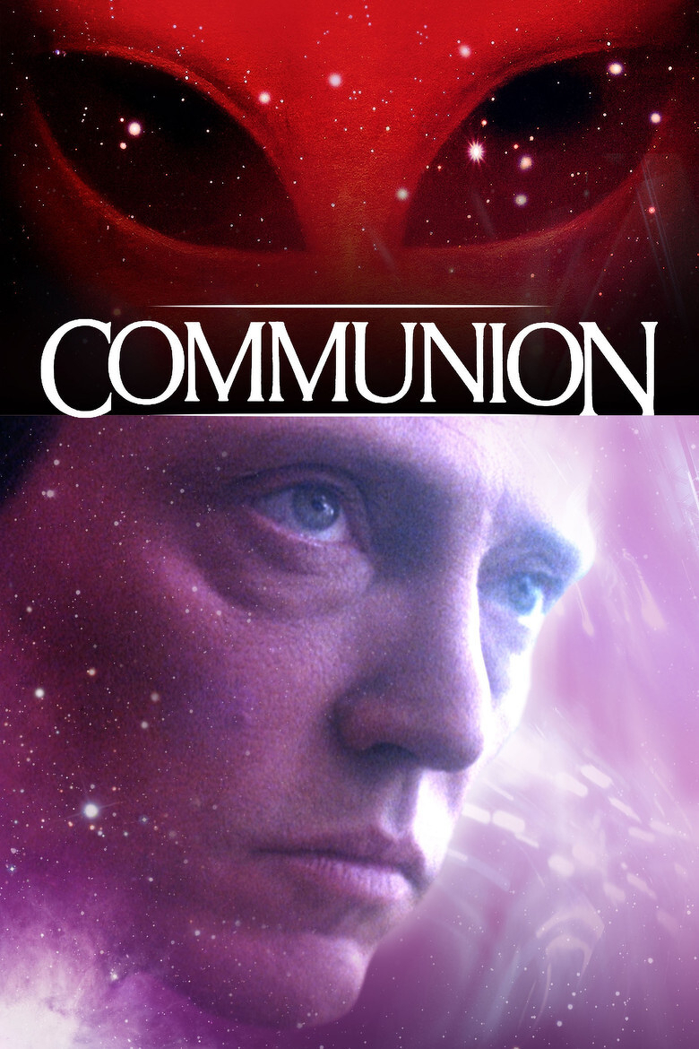 A movie poster featuring two distinct halves: the top half shows a close-up of a red alien face with large, dark, reflective eyes surrounded by a starry, cosmic background. The bottom half shows a close-up of a man’s face with a serious expression, illuminated in purples and pinks, blending into a space-like backdrop with stars and light flares. In the centre, separating the two halves, is the word “COMMUNION” in bold, white, stylized text.